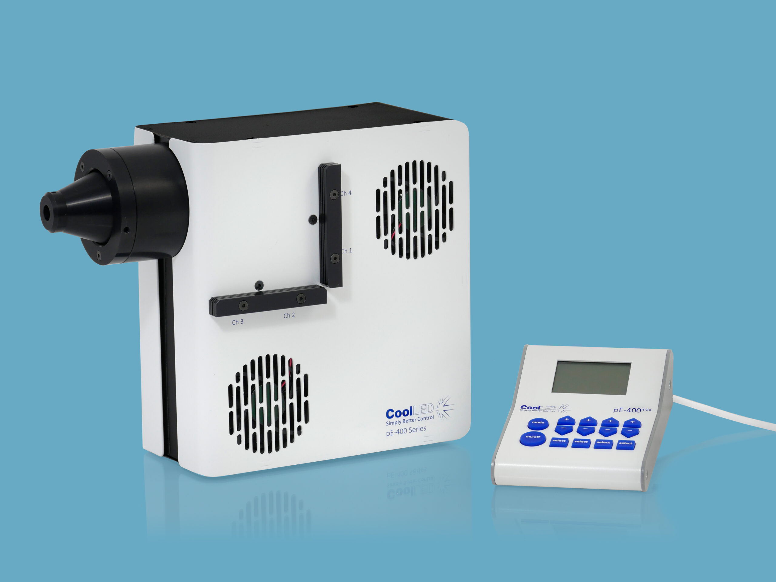 pE 400max LG with filter holders and pod and reflection BLUE