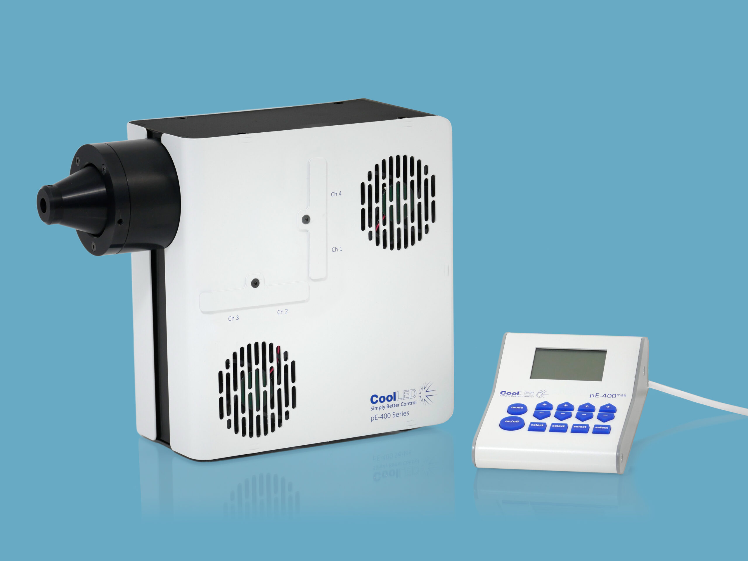 pE 400max LLG with pod and filter covers and reflection BLUE